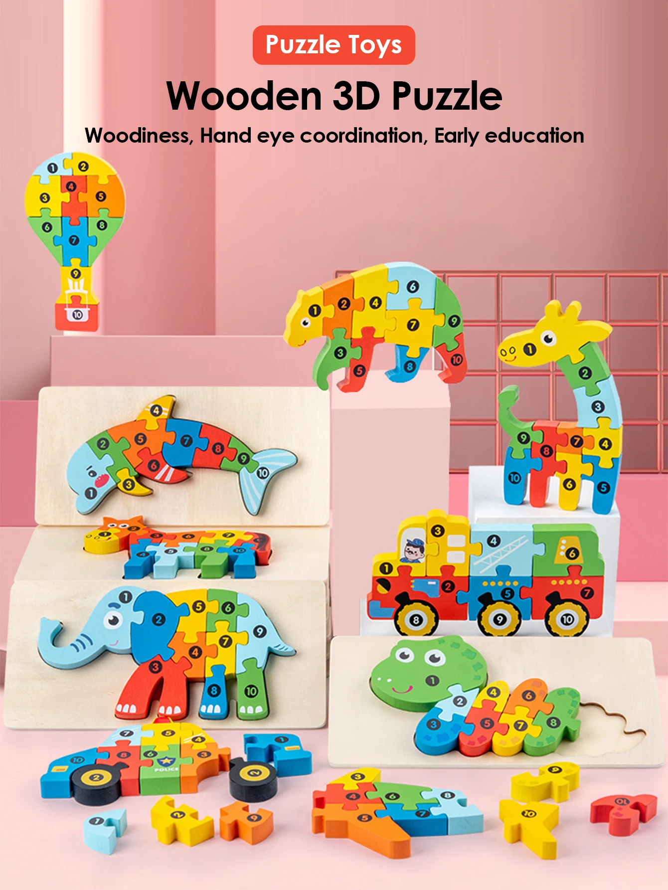 3D Wooden Puzzles Educational Cartoon Animals Early Learning Cognition Intelligence Puzzle Game For Children Toys