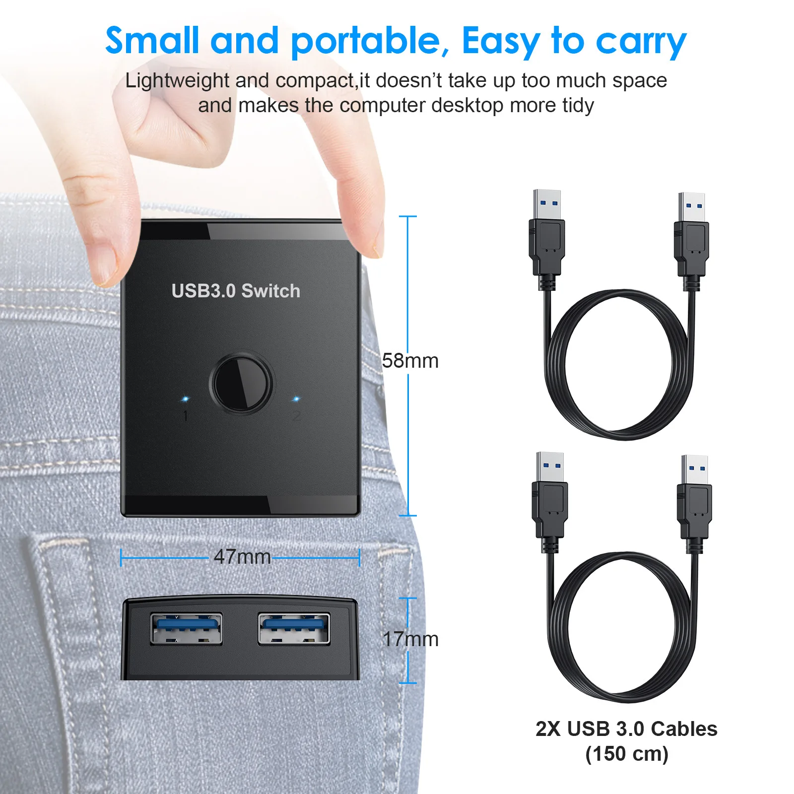 USB3.0 Bidirectional Switch 1 Input 2 Output Hub Keyboard Mouse USB Drive Printer Sharing Cable Splitter
