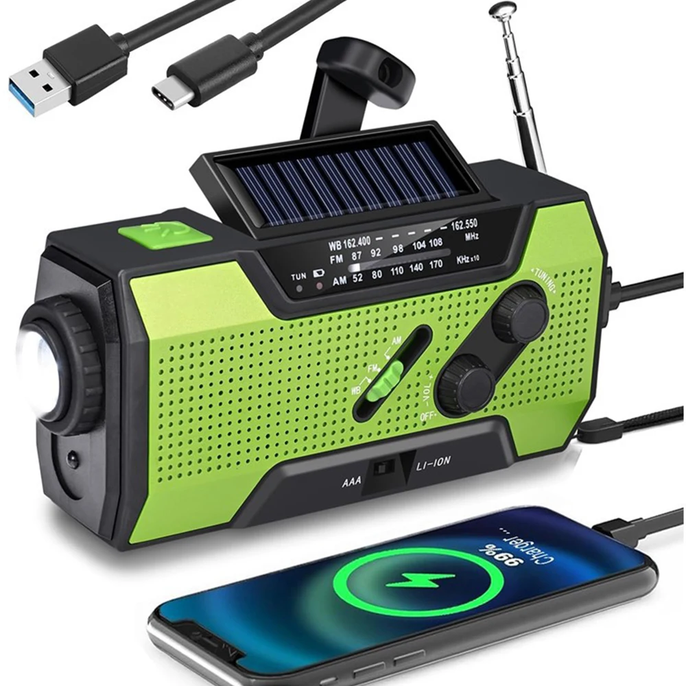Notfall-Wetterradio / AM/FM/WB mit 2000 mAh tragbarer Radio-Powerbank USB/Solar/Handkurbelladung, batteriebetrieben, SOS-Alarm