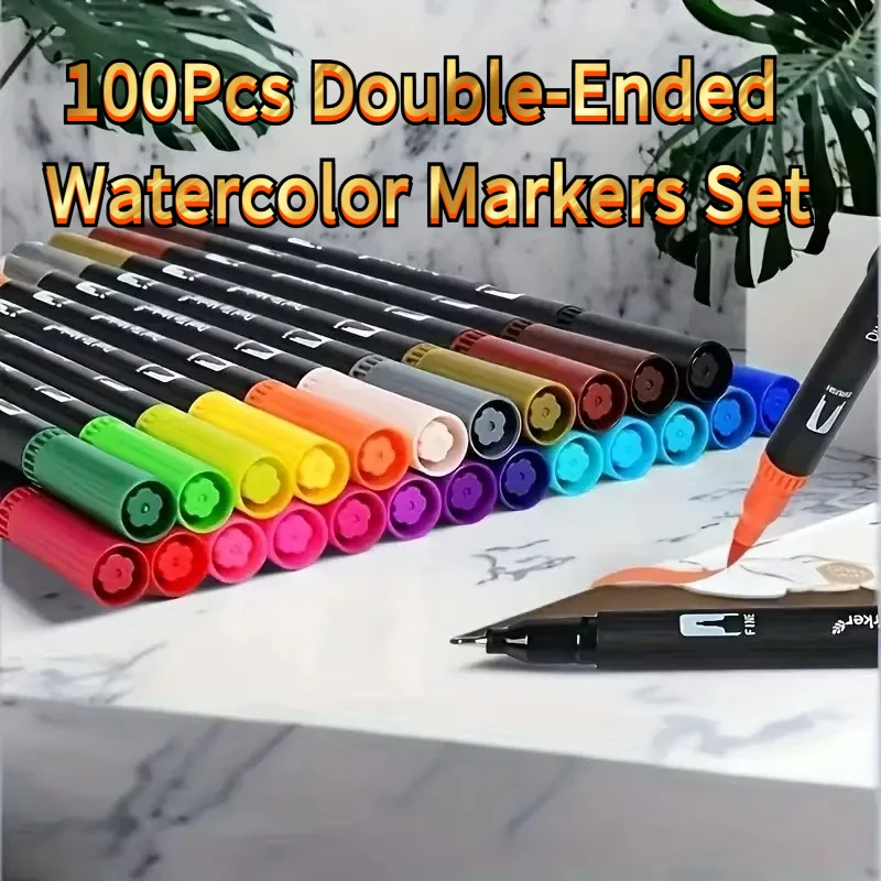 

100Pcs Double-Ended Watercolor Markers Set, Vibrant Colors Art Pens for Drawing Painting Crafts