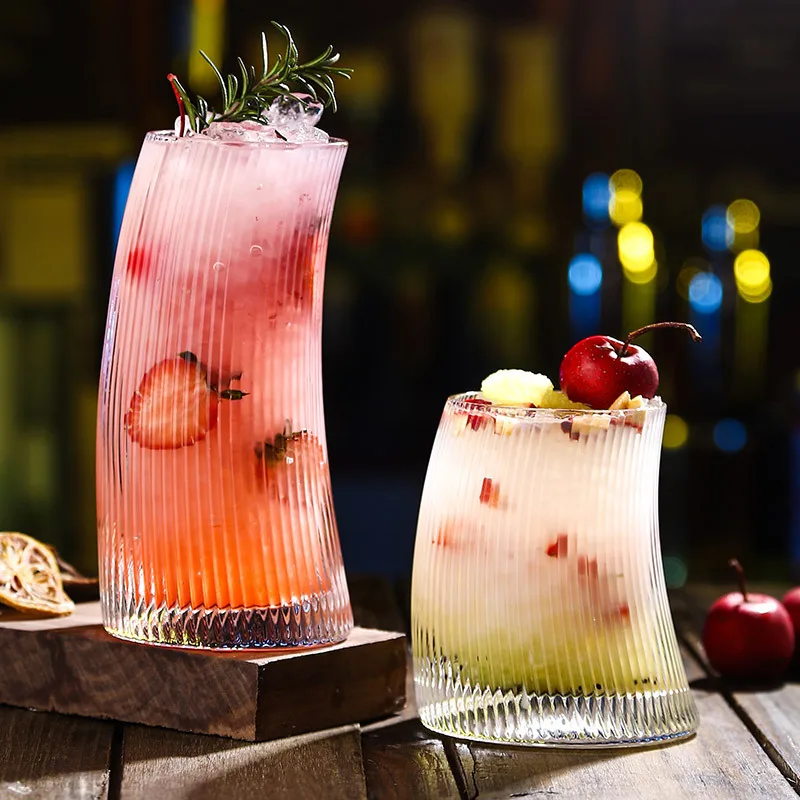 

2pcs Cup Set Crescent Shaped Glass Cup with Stripes New Cocktail Cup Instagram Style Popular Moon Shaped Creative Beverage Cup