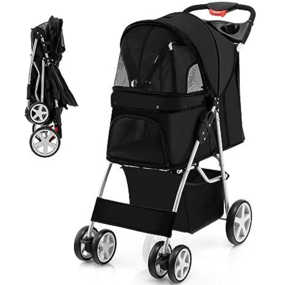 

Folding Dog Stroller Pet Stroller for Small Medium Dogs Cats Puppy, 4 Lockable Wheels Cat Stroller Travel Carrier Strolling Cart