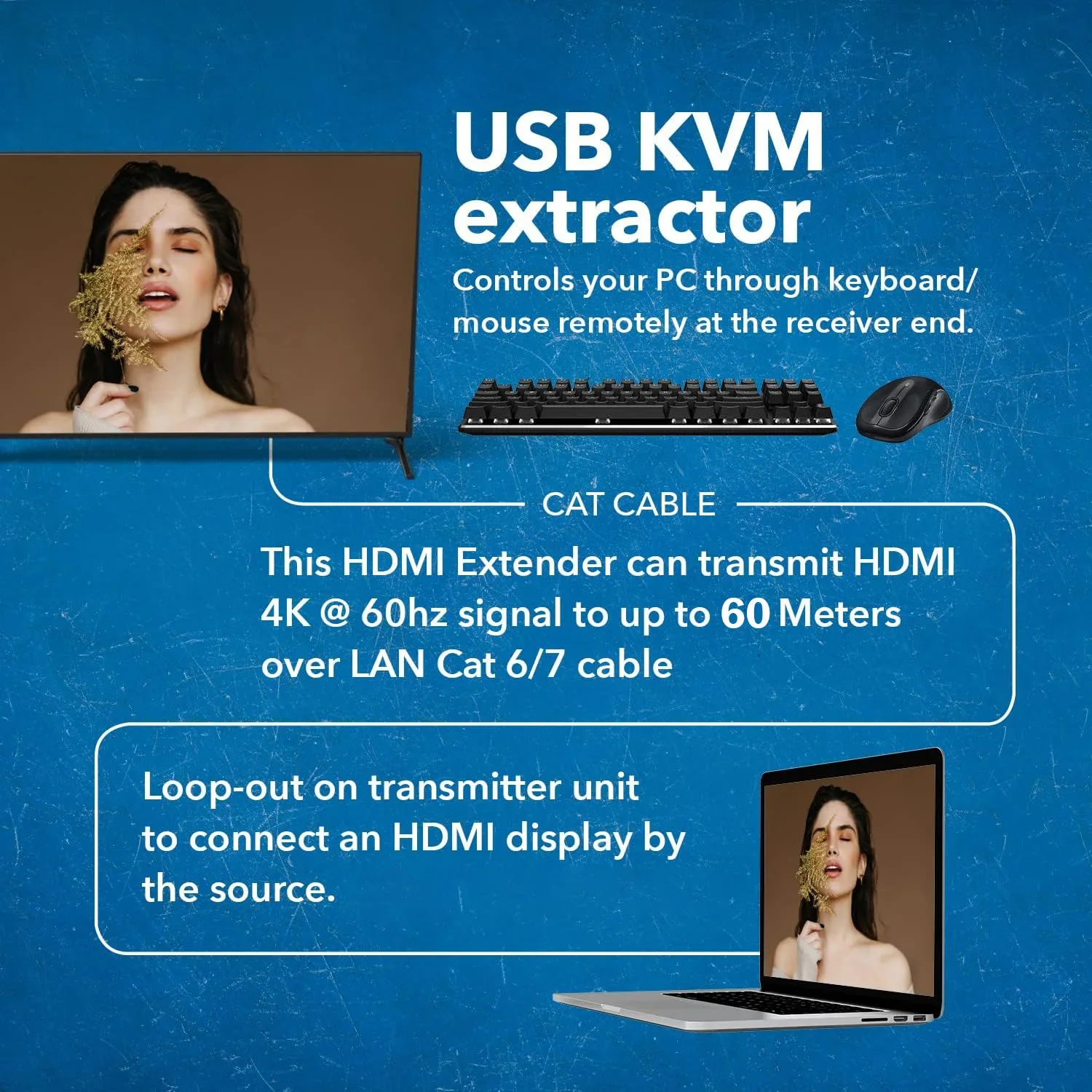 Imagem -04 - Extensor Ethernet Usb Kvm Hdmi com Suporte de Áudio e Loop-out Teclado Mouse 60m 4k 60hz Rj45 Cat5e 60m