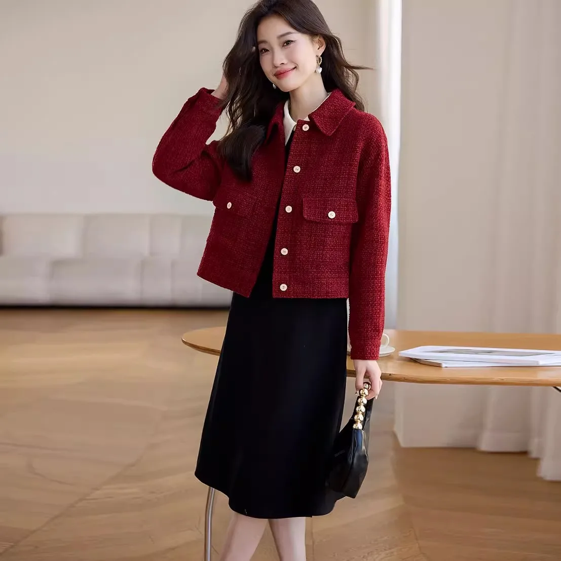 Exquisite Red Fragrant Women\'s Short Coat 2023 Autumn/Winter New Retro Casual Jacket