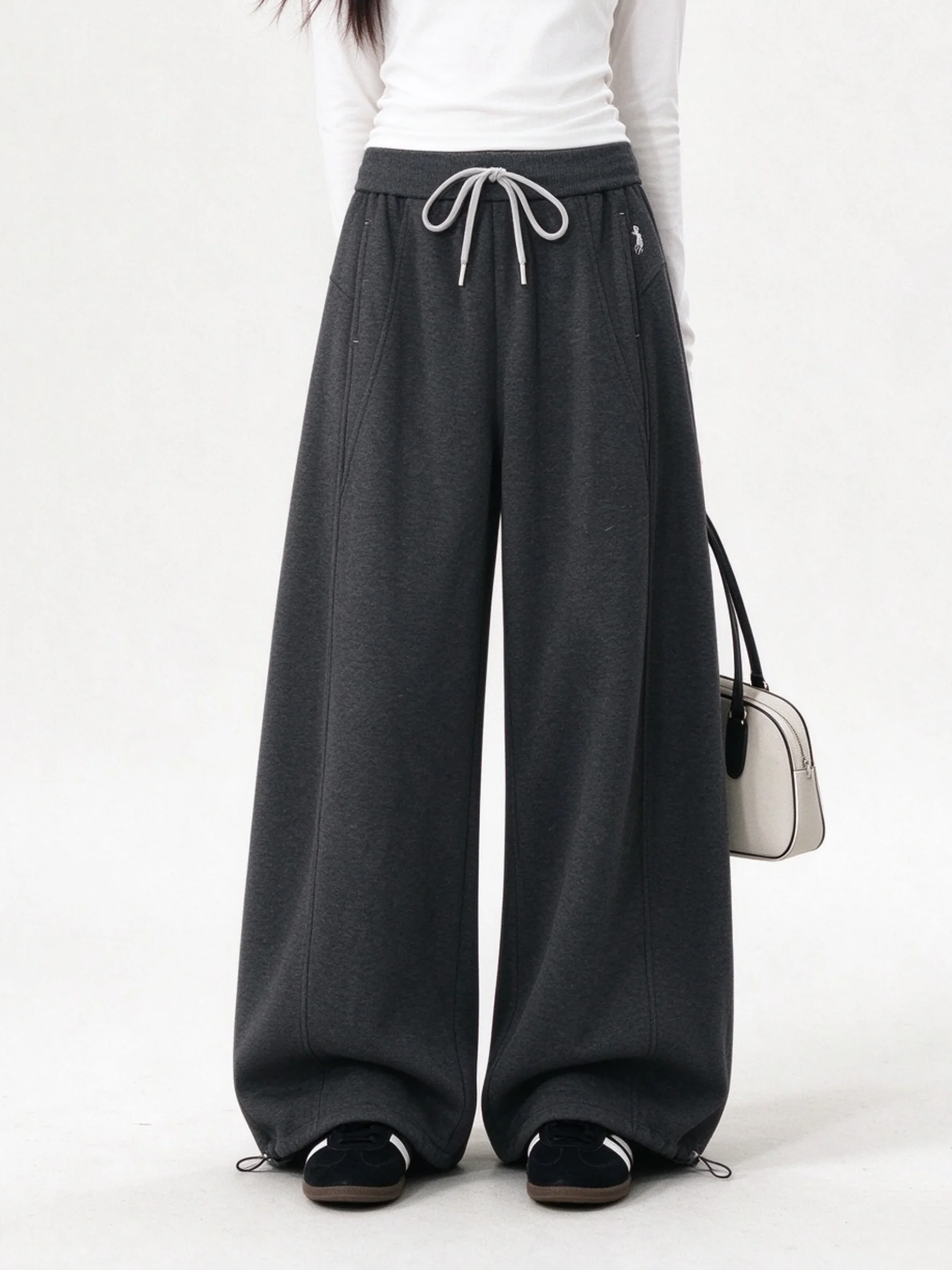 High Waist Drawstring Loose Fit Wide Leg Sweatpants Autumn Winter Fleece Lined Slimming Casual Pants Warm Comfortable