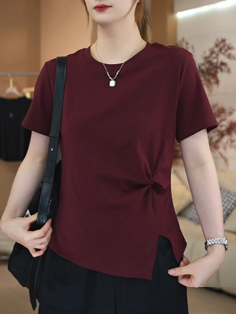 เสื้อยืดลำลองผ้าฝ้ายแท้สำหรับผู้หญิง แฟชั่นฤดูร้อน ไซส์เล็ก สไตล์เกาหลี ดีไซน์อเนกประสงค์ ความยาวไม่เท่ากัน