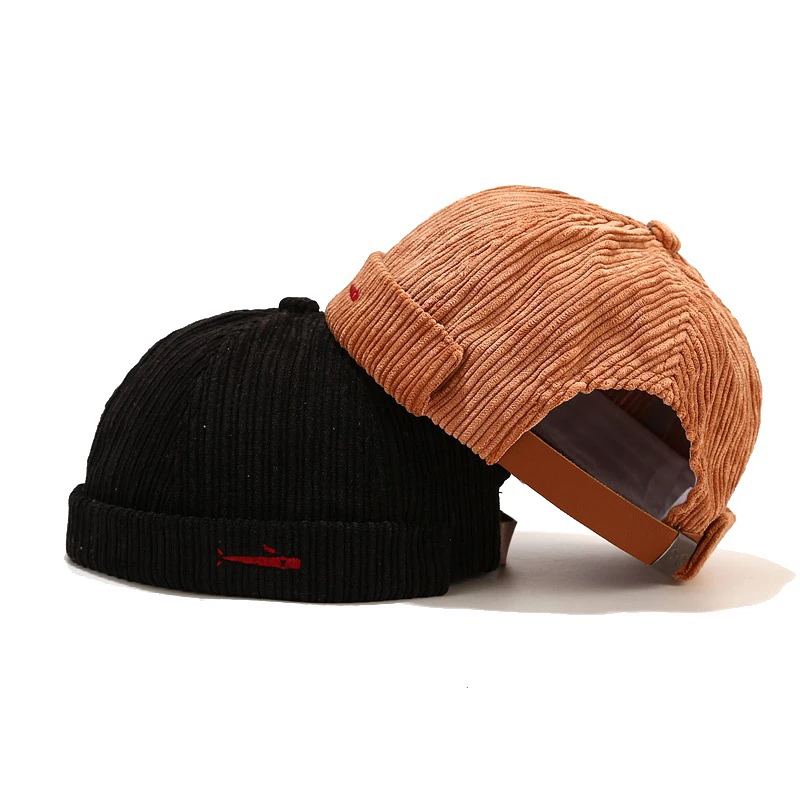 Bocca Brimless Docker Hat Embroidery Fish Corduroy Dome Hats Adjustable Streetwear Solid Color Retro Warm Winter Spring Autumn