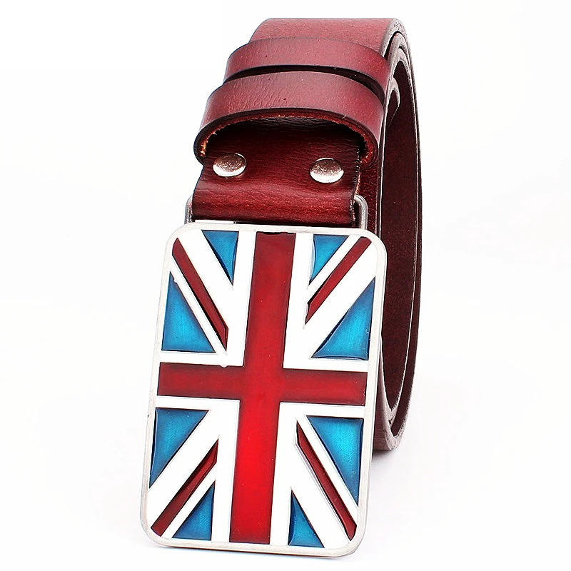 British Flag Pattern Fashion Belts Cowskin Genuine Leather Metal Buckle Union Jack Jeans Waistband Trousers