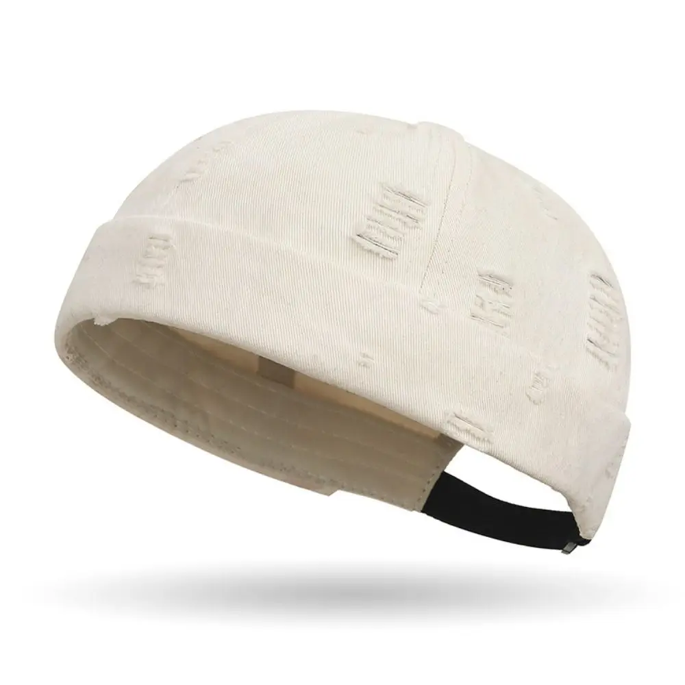 Fashion Broken Hole Beanie Hat Cotton Solid Color Hip Hop Cap Breathable Retro Brimless Cap Men Women