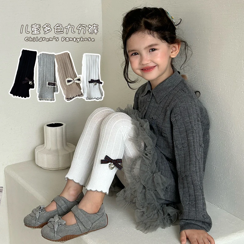 Cute Girls Leggings Red Blue Plaid Material Multiple Assorted Ornaments Locked Lace Hem Skin‑Friendly Wearable Nine-Point Pants