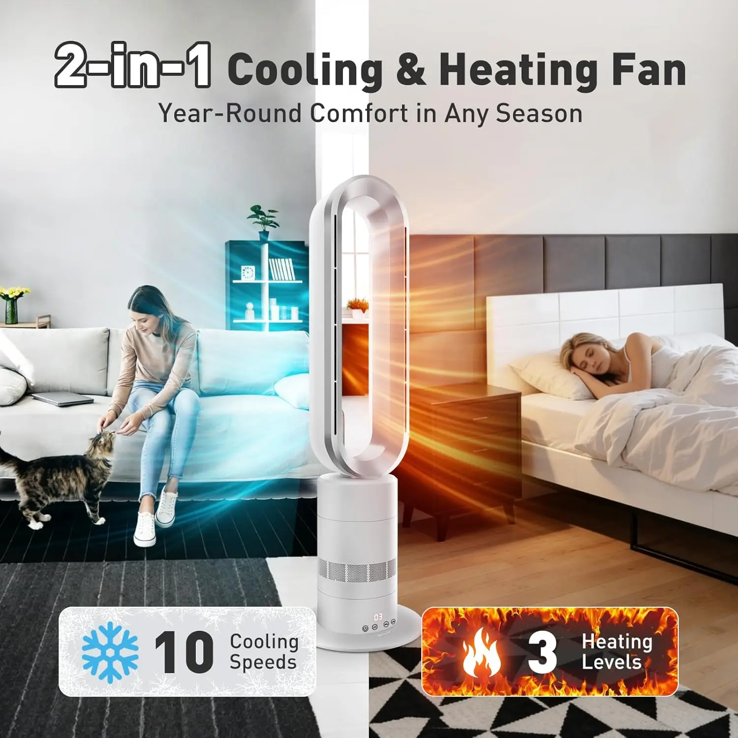 Bladeless Tower Fan 2-in-1 Heater Cooling Remote Touch Control 10 Cooling + 3 Heating Levels Ultra-Quiet DC Motor