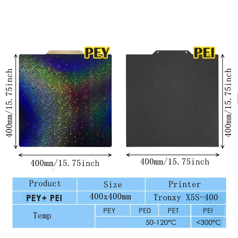 

ENERGETIC Black Textured PEI+Smooth PEY Sheet for Tronxy X5S-400 Build Plate Spring Steel Sheet Magnetic Print Bed 400x400mm