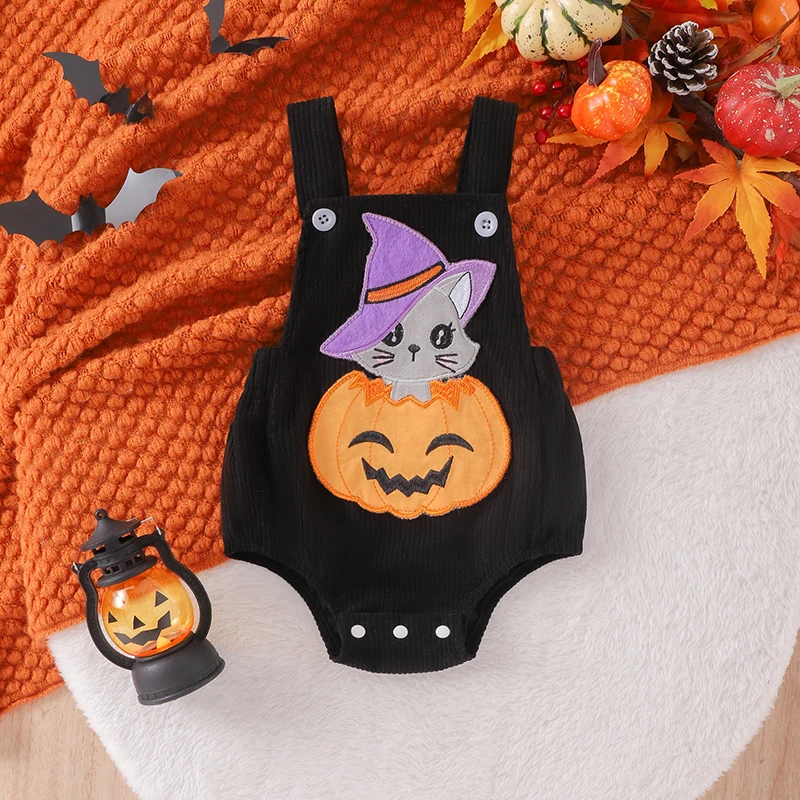 0-18M Baby Boys Girls Halloween Bodysuit Witch Pumpkin Cat Embroidered Sleeveless Square Neck Corduroy Jumpsuits