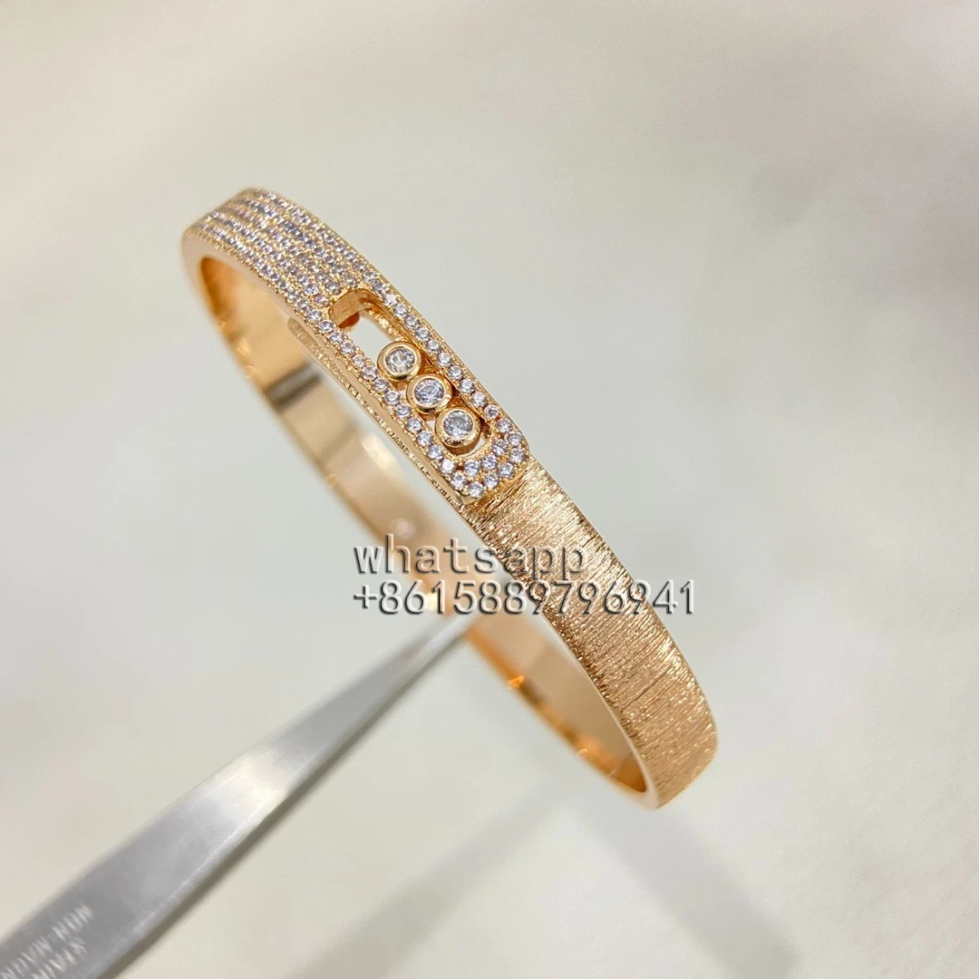 Rose Gold Brushed Bangle Bracelet, Three Floating Stones Oval Slider Cuff image 3