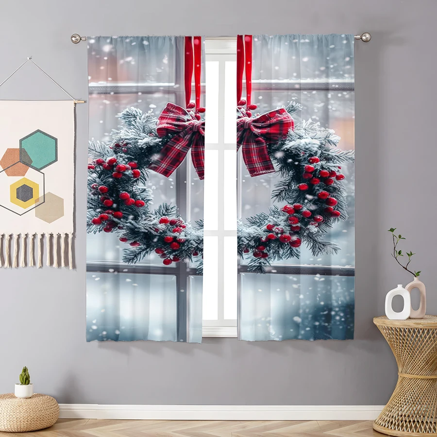 2PCS Digital Print Curtains, Christmas Wreath Pine Branches Red Berries Plaid Bow on Window Snow, Realistic Photo Style - Christ