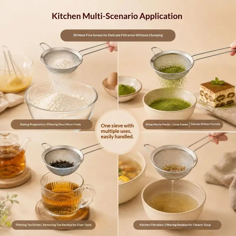 Flour Strainer Mesh With Handle Diameter7/8/10/12/14/16/18/20/22cm Stainless Steel Colander Tea Sifter Kitchen Sieve Filter Too