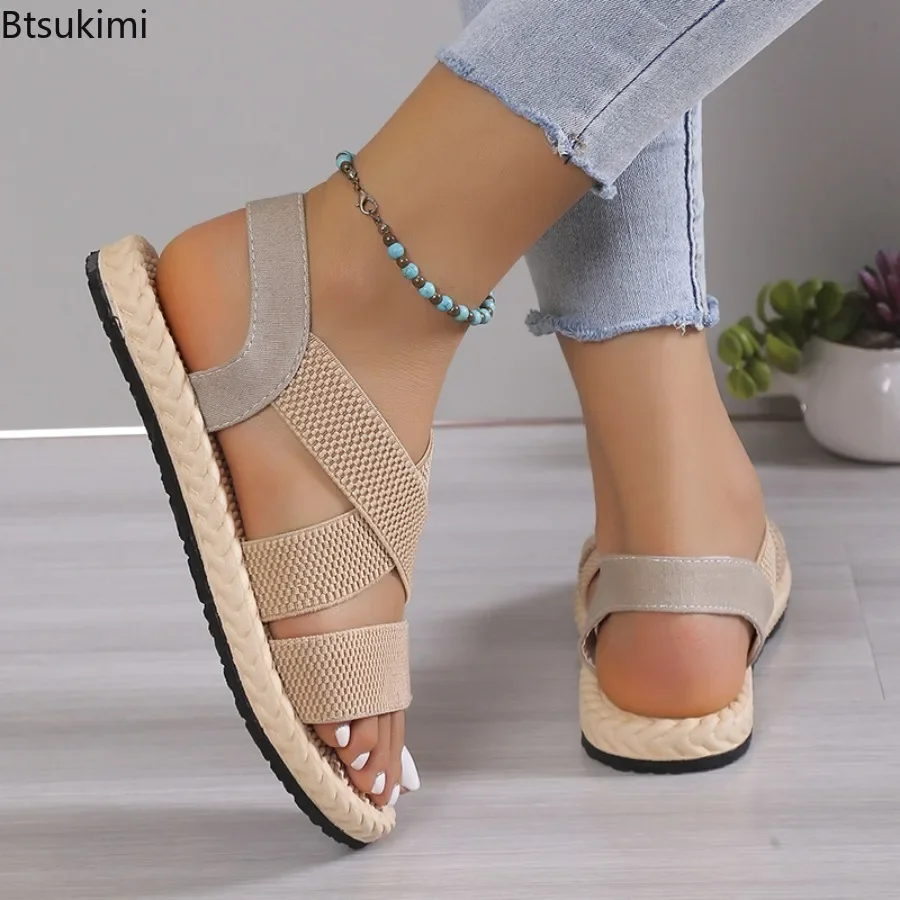 New 2023 Women's Casual Sandals Spring Summer Flat Bottom Grils Roman Shoes Beach Sandals Soft Sole Cross Large Female Sandalias