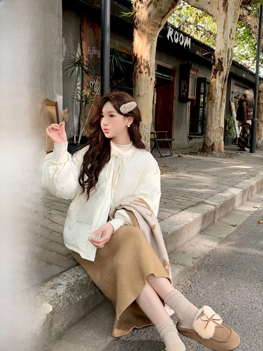 

Warmth round Ne Tied Waist 90 White Du down Puffer Jaet Women's Winter Loose Fit Outerwear Sli Commute Sle