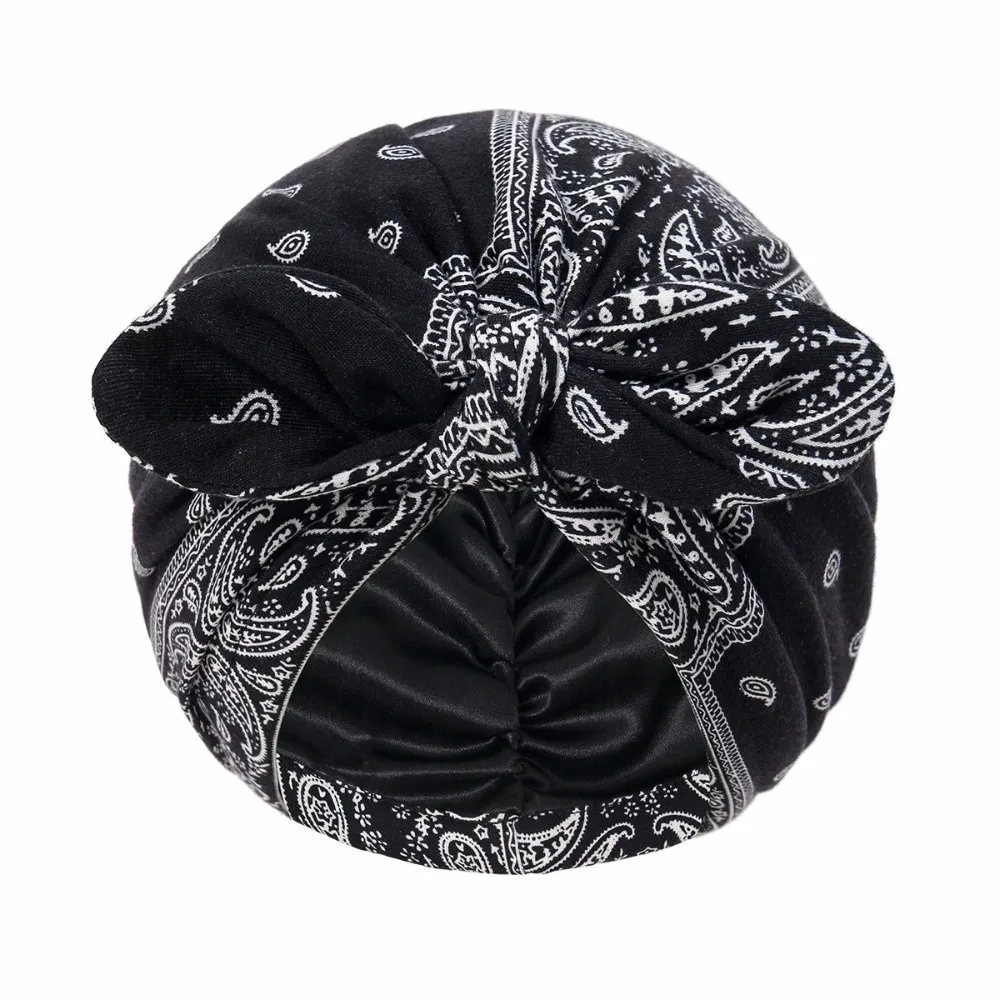 Satin Lined Bandana Turban Hat Rabbit Ear Bow Knot Paisley Print Hair Cover Bonnet Multi-Color 1PC Ladies Headscarf Cap