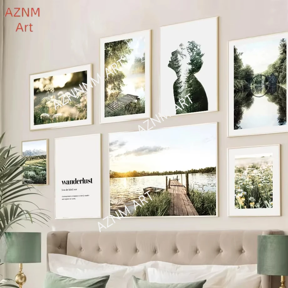 Lake Bridge Mountain Forest Grass Boat Wall Art Canvas Painting Nordic Posters And Prints Wall Pictures For Living Room Decor