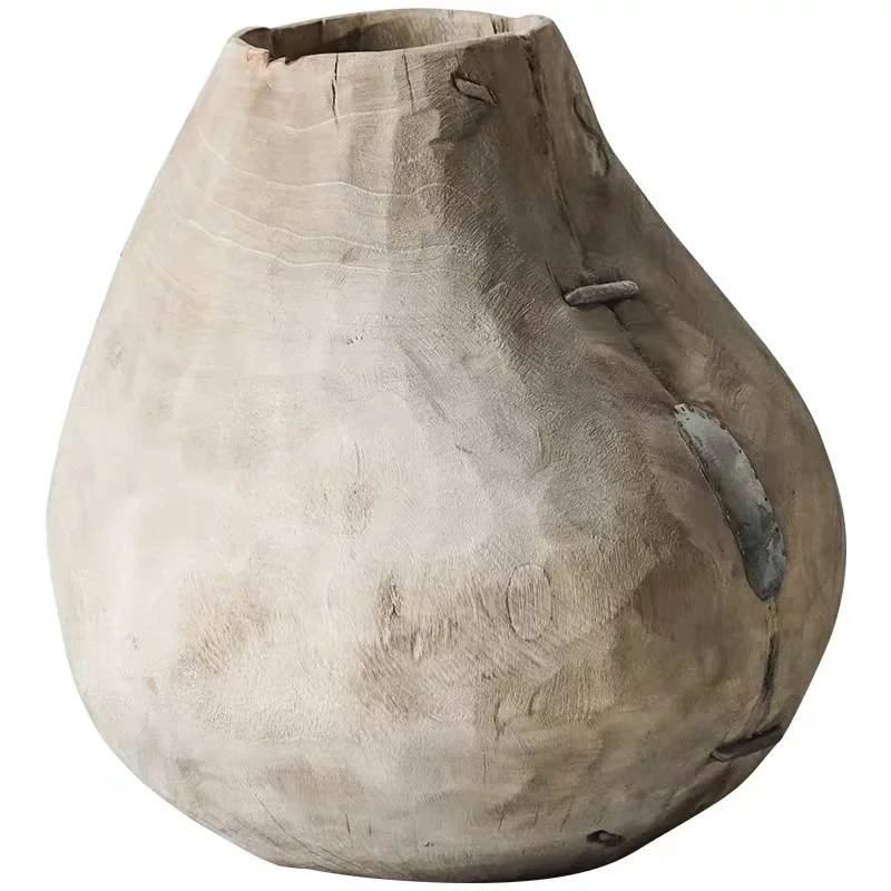 Wabi Sansan wind old wood round bottom large vase handmade retro oldbed and breakfast living room floor ornament solid woodflo