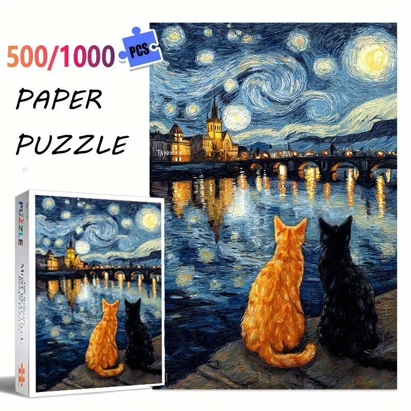 500-1000pcs of thick and scratch-resistant paper jigsaw puzzleTwo cats an orange cat and black (336)Large puzzle game, adult i
