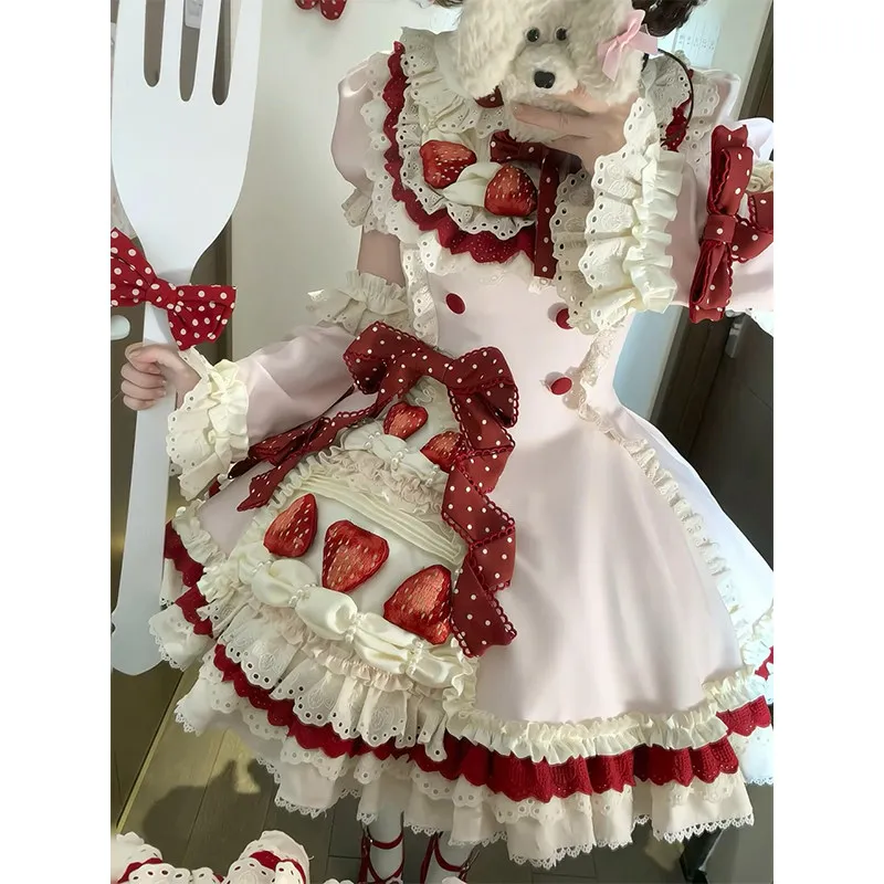

Pink Strawberry Cake Girl Heart Lolita Sweet Skirt Daily Short Sleeve Ancient Lolita Princess Dress Flower Girl Vitange Clothes