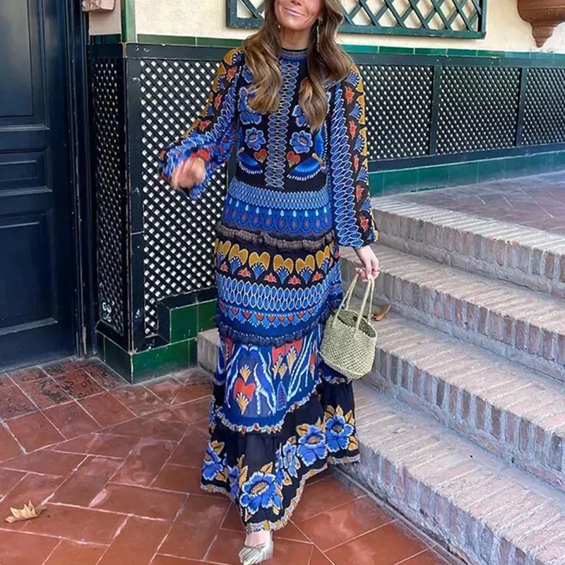 

Vintage Print Dress Women Elegant Fashion Long Sleeves Soft Chic Robe Female 2024 Spring Summer Casual Loose Party Dresses Lady