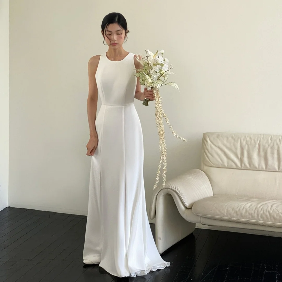 

Sayulita Simple O-Neck Wedding Dresses for Korea Girls Sexy Backless 웨딩드레스 Long Maid of Honor Wedding Party Gowns Customized