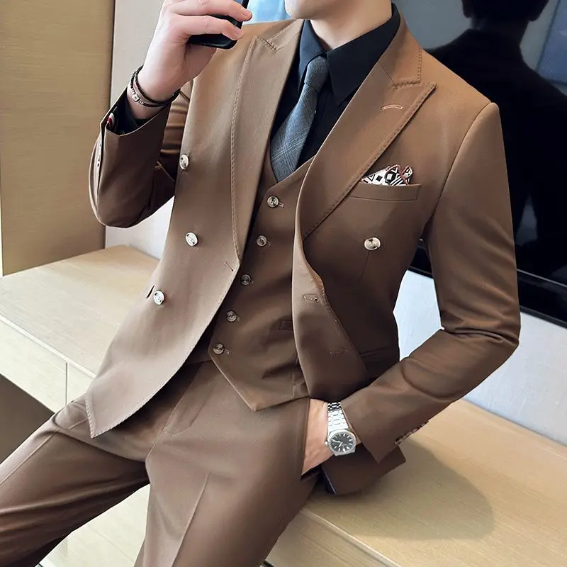 Traje de doble botonadura 3-A51 para hombre, traje formal de negocios de alta gama, corte ajustado, estilo coreano, estilo británico, traje de tres