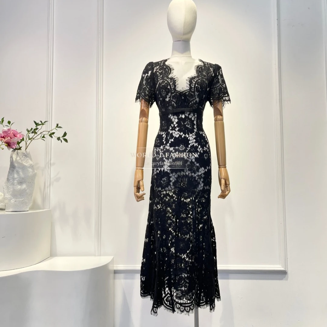 High Quality Black/Red Short Sleeve Lace Flowers Midi Dress