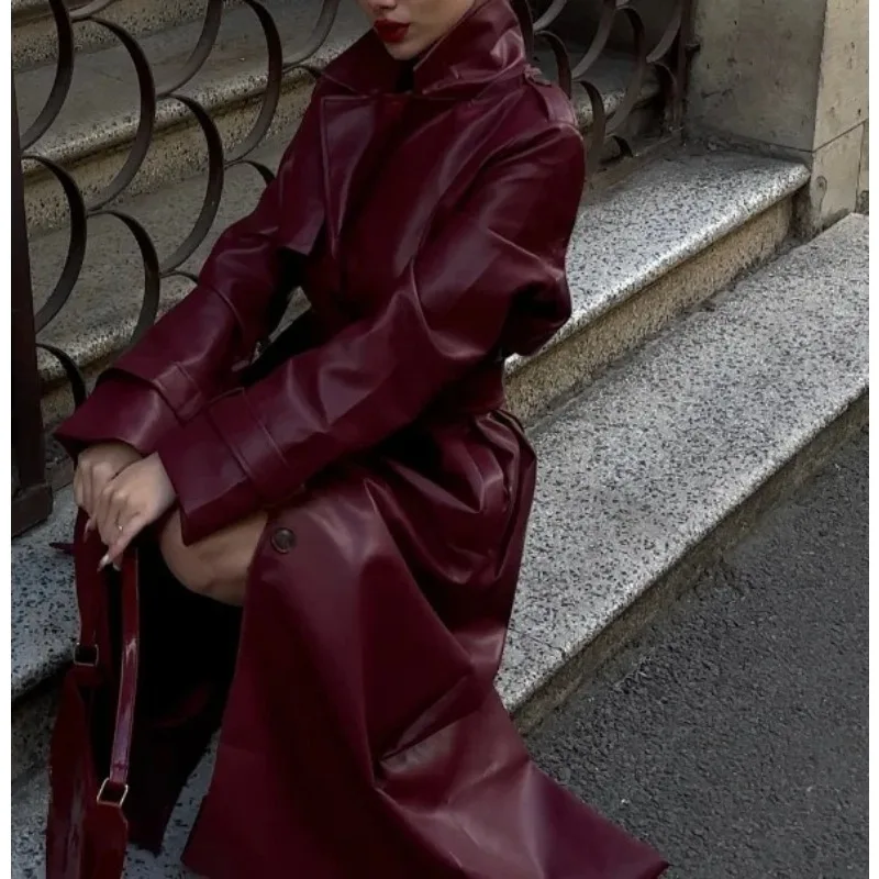 

2026 New Women's Clothing Autumn and Winter New Lapel with Belt Long Imitation Leather Trench Coat