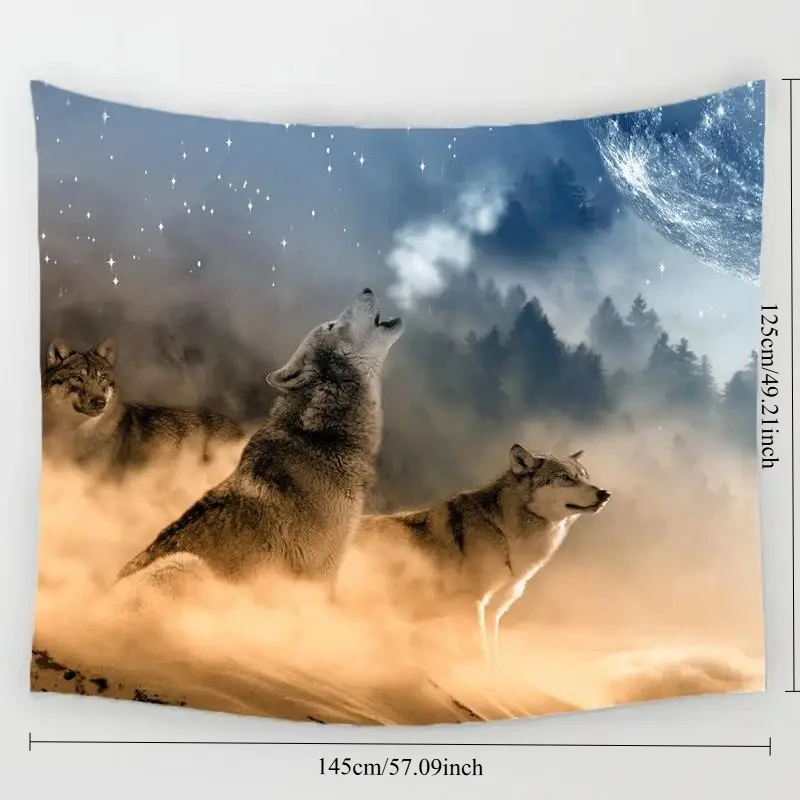 1pc Moon Howling Wolf Polyester Tapestry, Starry Night Forest Wolf Pack Wall Hanging, Mystic Wild Animal Wall Decor for Bedroom