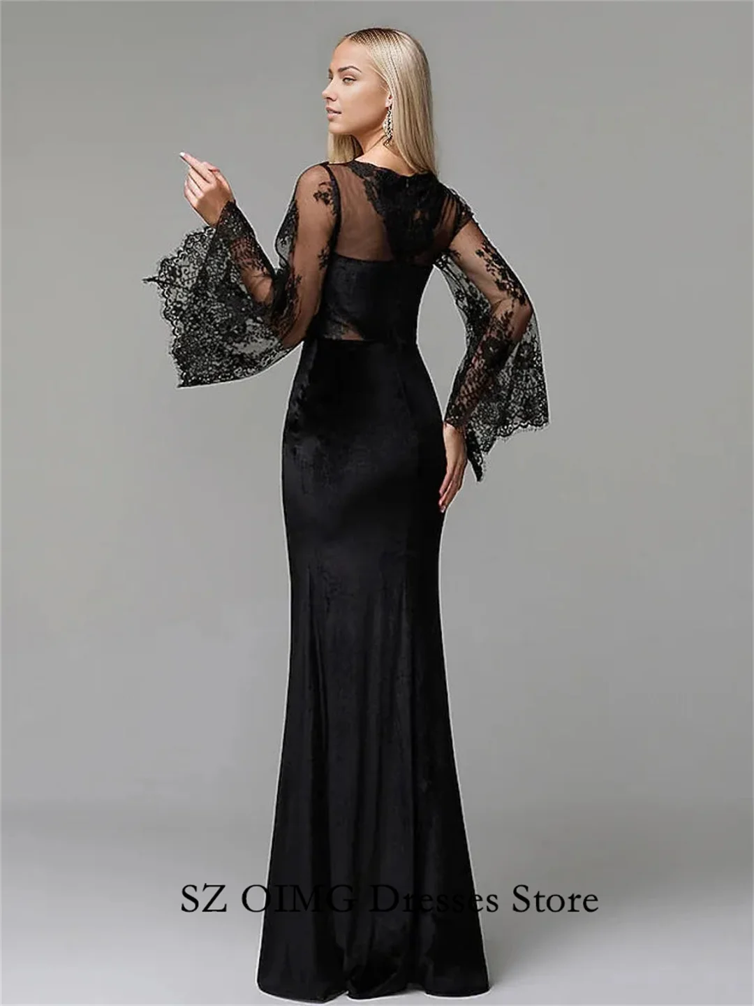 OIMG New Design Fitted Classic Prom Dresses Black Dress with Lace Bell Sleeves Vintage Women Evening Gowns Formal Party Dress