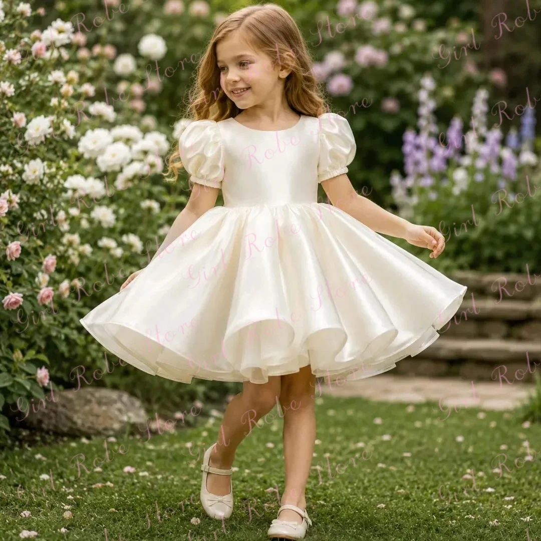 Elegant Ivory Satin Flower Girl Dress For Wedding Knee Length With Bow Little Girl Banquet First Communion Prom Gown Customized
