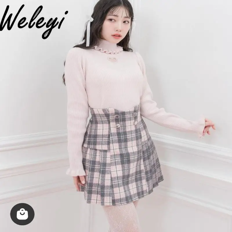 Japanese Cute Girl Small Turtleneck Love Pull Femme Lolita Girly Knitted Cardigans Sweet Hollow Slim Thin Knitted Shirt Women