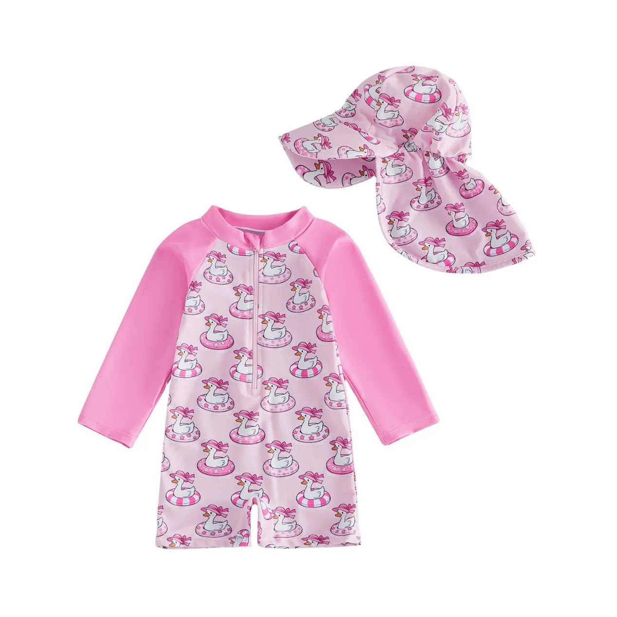 Baby Girls One-piece Swimsuit with Sun Hat Kids Long Sleeve Cartoon Mermaid Sun-protective Swimwear Toddler Bathing Costume