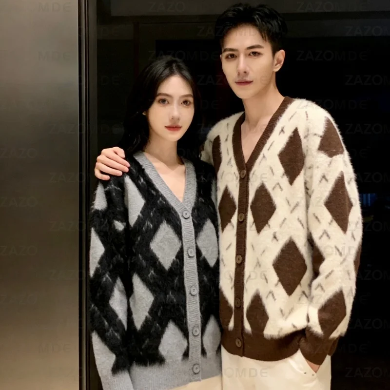 

ZAZOMDE Trendy Diamond Pattern Cardigan Long Sleeve Unisex Knit Argyle Sweater Jacket Streetwear Fashion Men Coat Winter Clothes