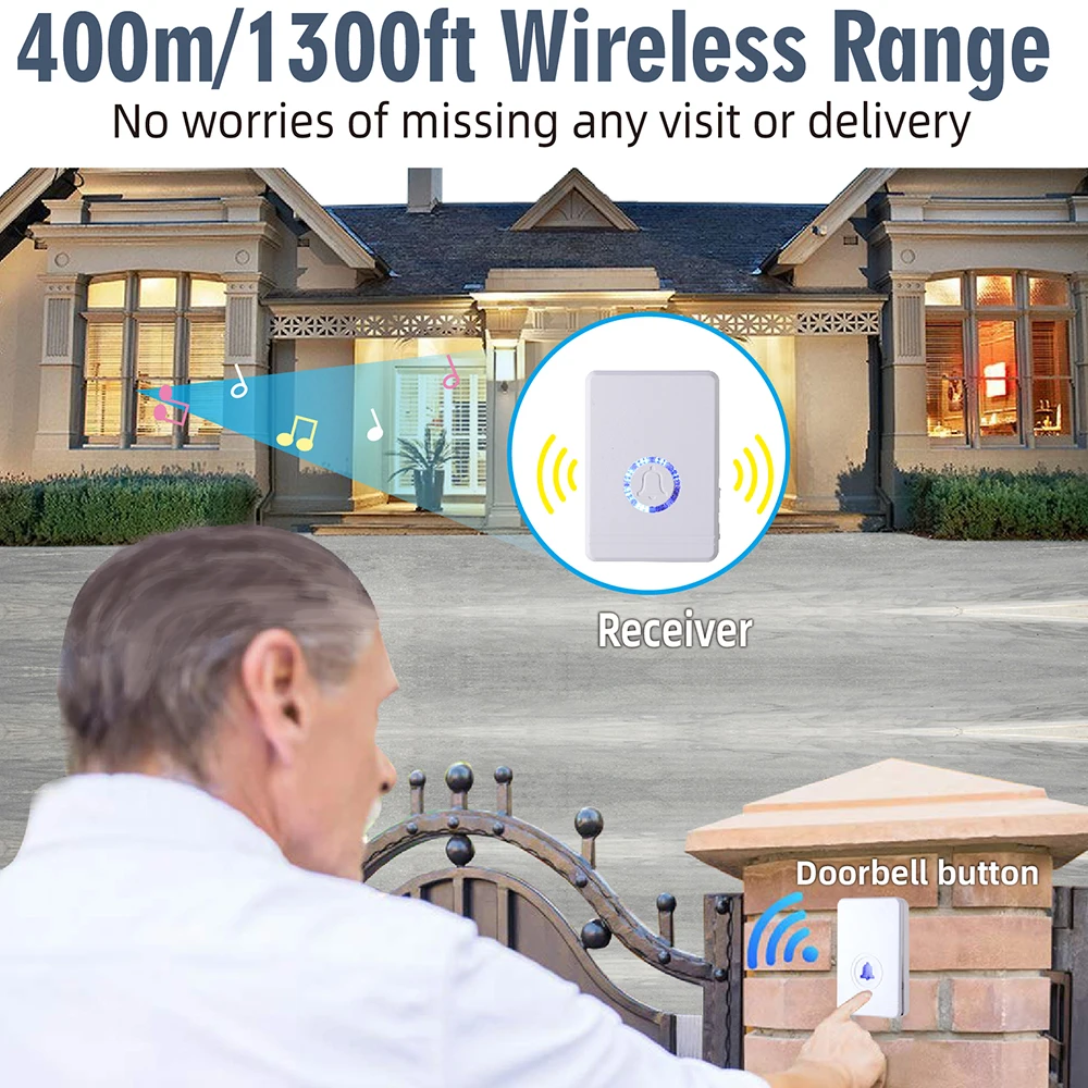 Outdoor Wireless Doorbell 1300ft/396m Security Alarm Welcome Chime Bell Kit 48 Ringtones 97db IP66 Waterproof Door Bell