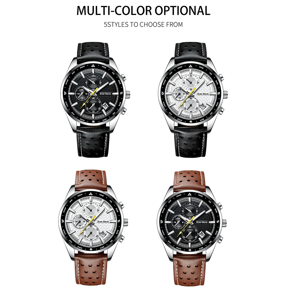 Ever Move Top Luxury Watches for Men Fashion Sport Chronograph Quartz Wrist Watches Male Retro Leather Strap Waterproof Clock