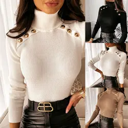 Women Slim Turtleneck Tops Knitted Elastic Jumper Vertical Stripes Bottoming Shirt Lady Knitted Long-Sleeved Pullover Sweater