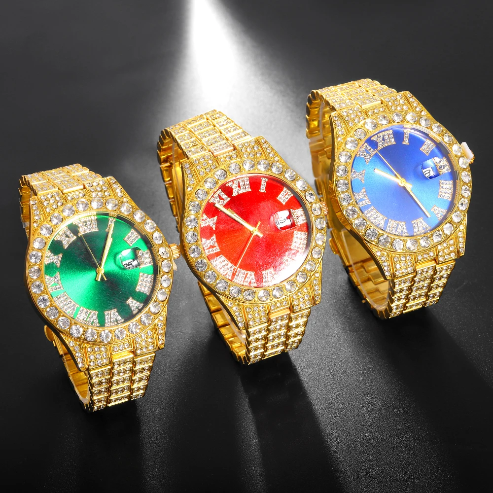 Reloj Iced Out para Hombre y mujer, pulsera de cadena cubana ostentosa de Miami, Reloj de Hip Hop, Reloj dorado de lujo, nuevo