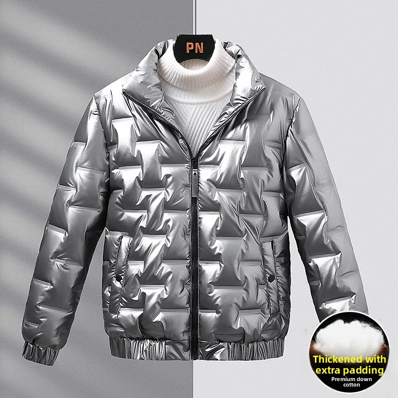 

Men's Thiened Cotton Jaet Winter Warm Windproof Stand Collar Glossy Surface Youth Faion ort Sle Zipper Closure Coat