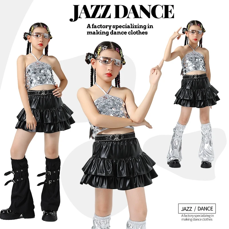 

Girls K-pop Dance Outfit Hip Hop Silvery Cool Dancing Suit Kid Jazz Performance Clothing Music Festival Catwalk Show Set XH2342