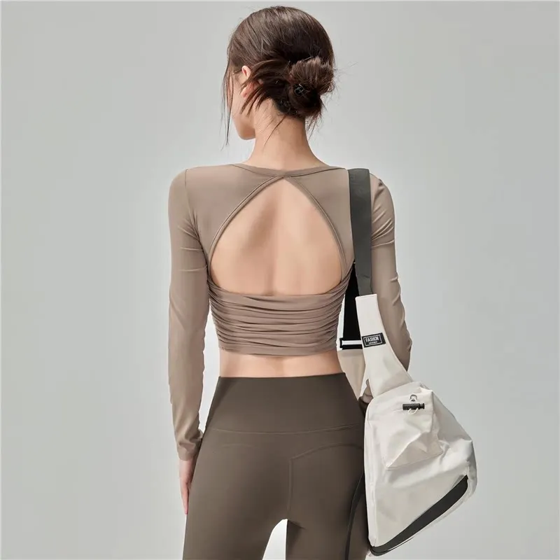 Women's Back-Beautiful Long-Sleeved Yoga Top with Chest Pads All-In-One Running Training Sports Fitness Clothing Pilates