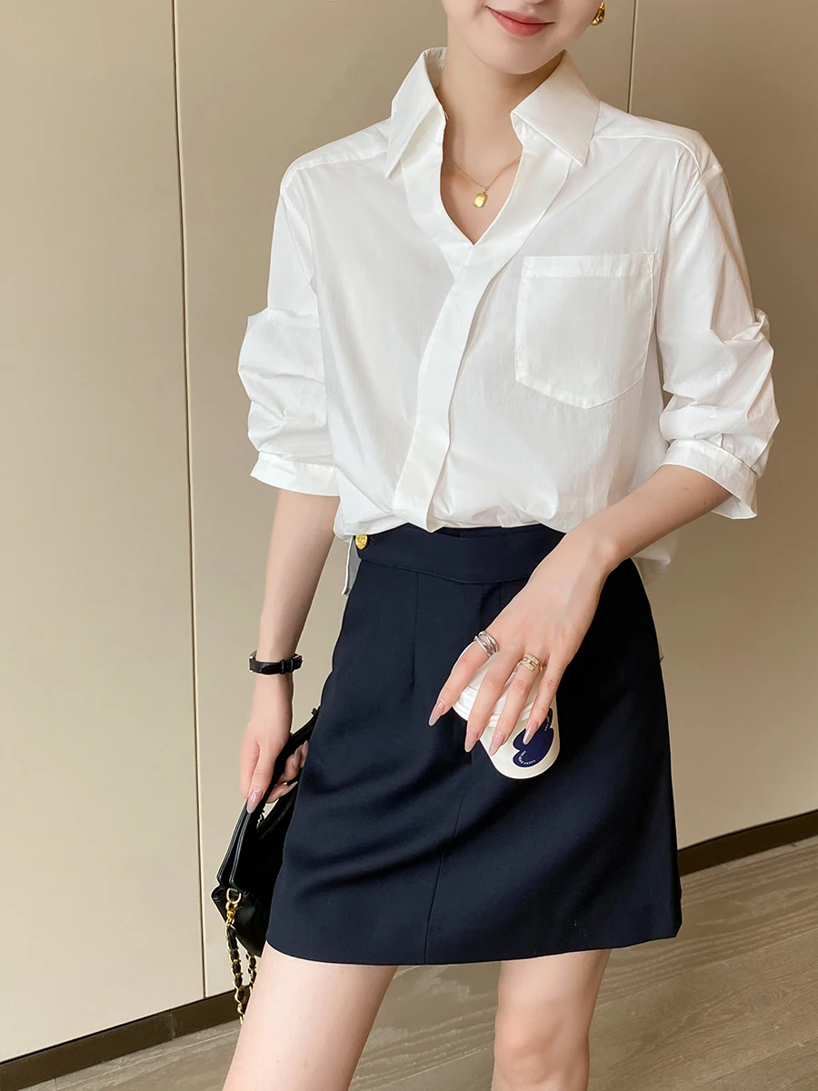 

Белый V-ne Long Sve irt, женский простой дизайн, для поездок на работу, осень 2021, новинка Sle, прямой крой, со смесью хлопка