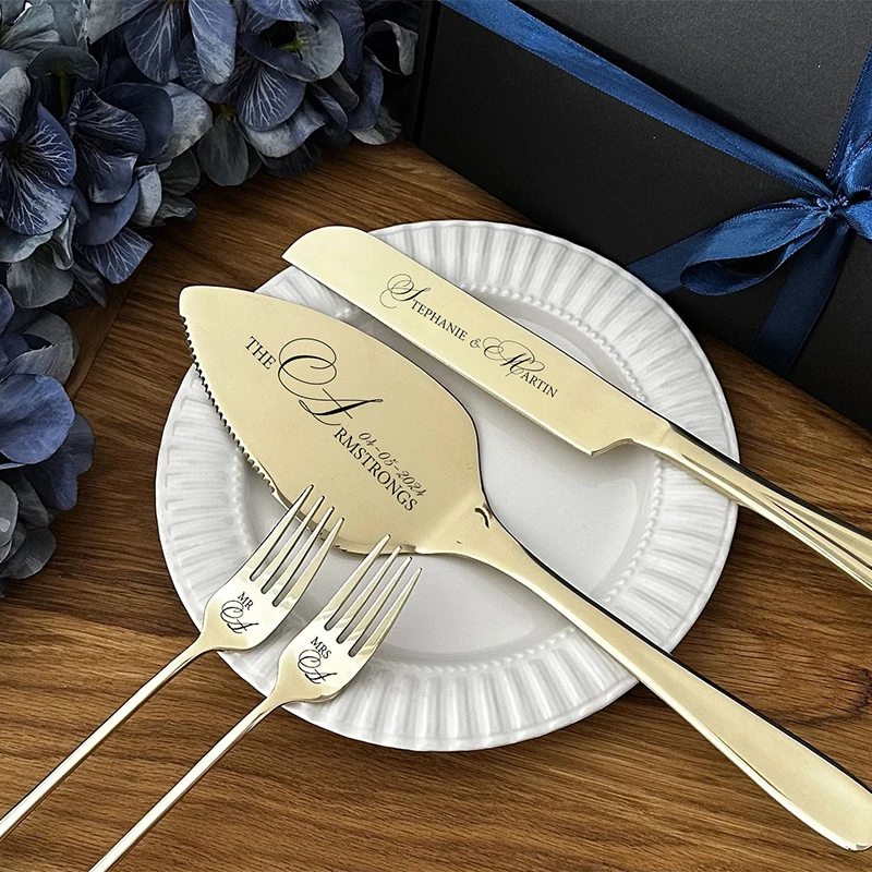 Personalized Wedding Cake Set Custom Engraved Silver Pie Pastry Cutting Kit Anniversary Keepsake for Couple Forks Knife Sliver