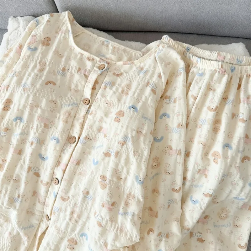 Women Pajama Set Dog Bear Cartoon Print Loose Casual Soft Korean Style Sleepwear Home Wear Autumn Winter Oversized Nightwear