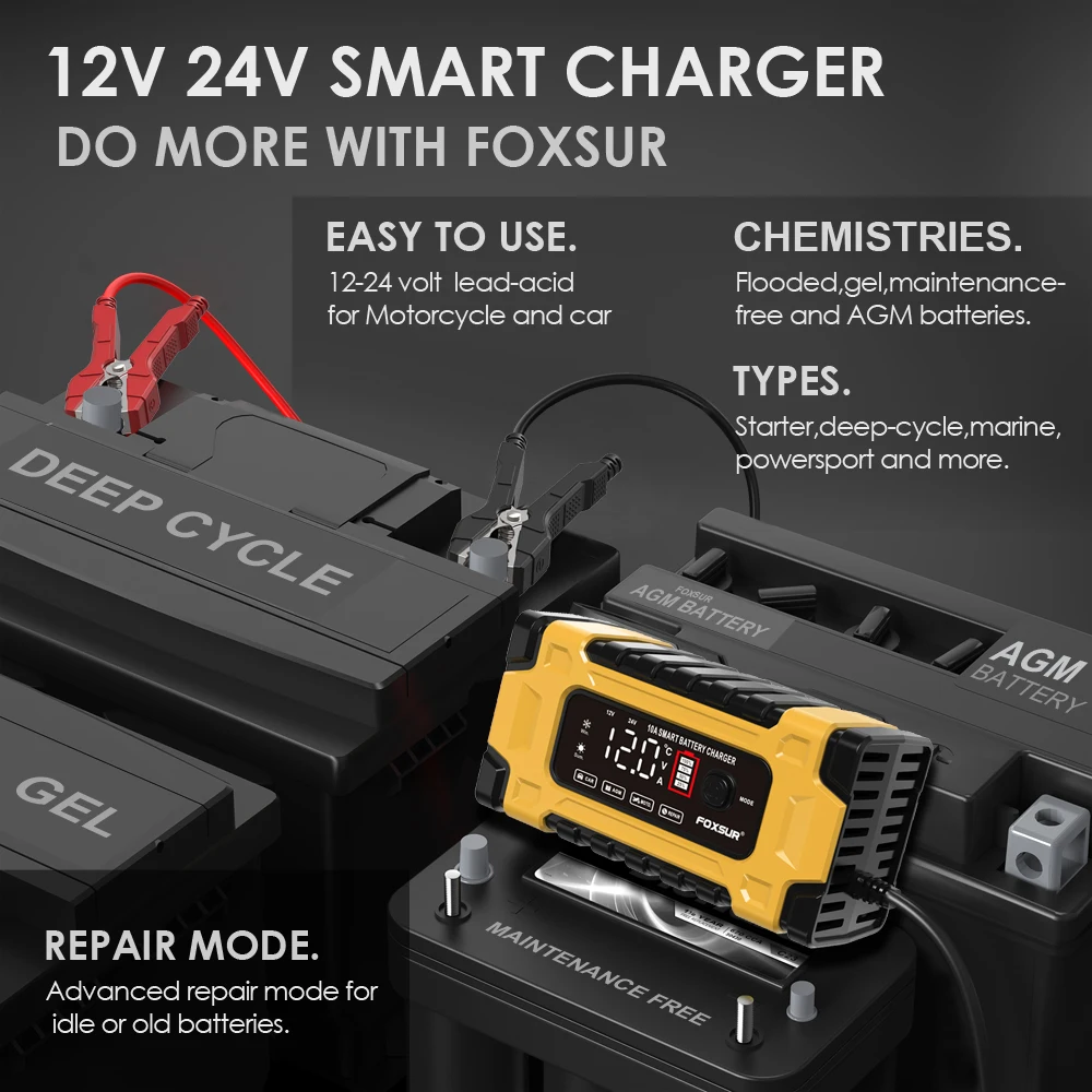 FOXSUR 10Amp Car Battery Charger for 12V 24V Motorcycle Automotive Lawn Mower RVs Boat for AGM Gel ATV Wet with Pulse Repair LCD