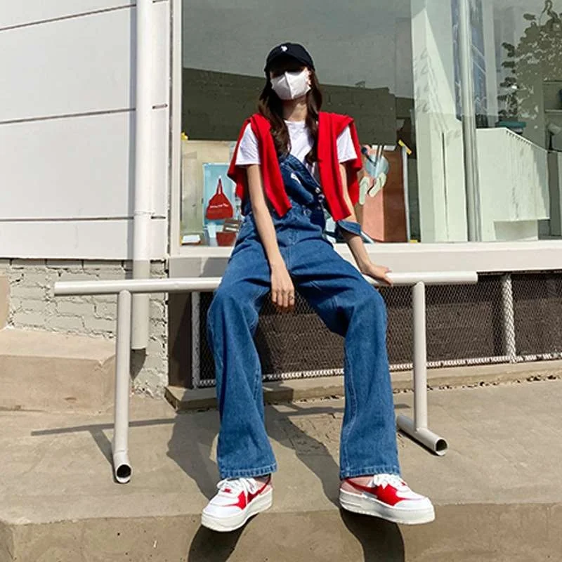 

Прямые джинсовые комбинезоны Salt, женские новые свободные брюки с высокой талией, весенняя чистая посадка, эластичная искусственная ткань средней длины